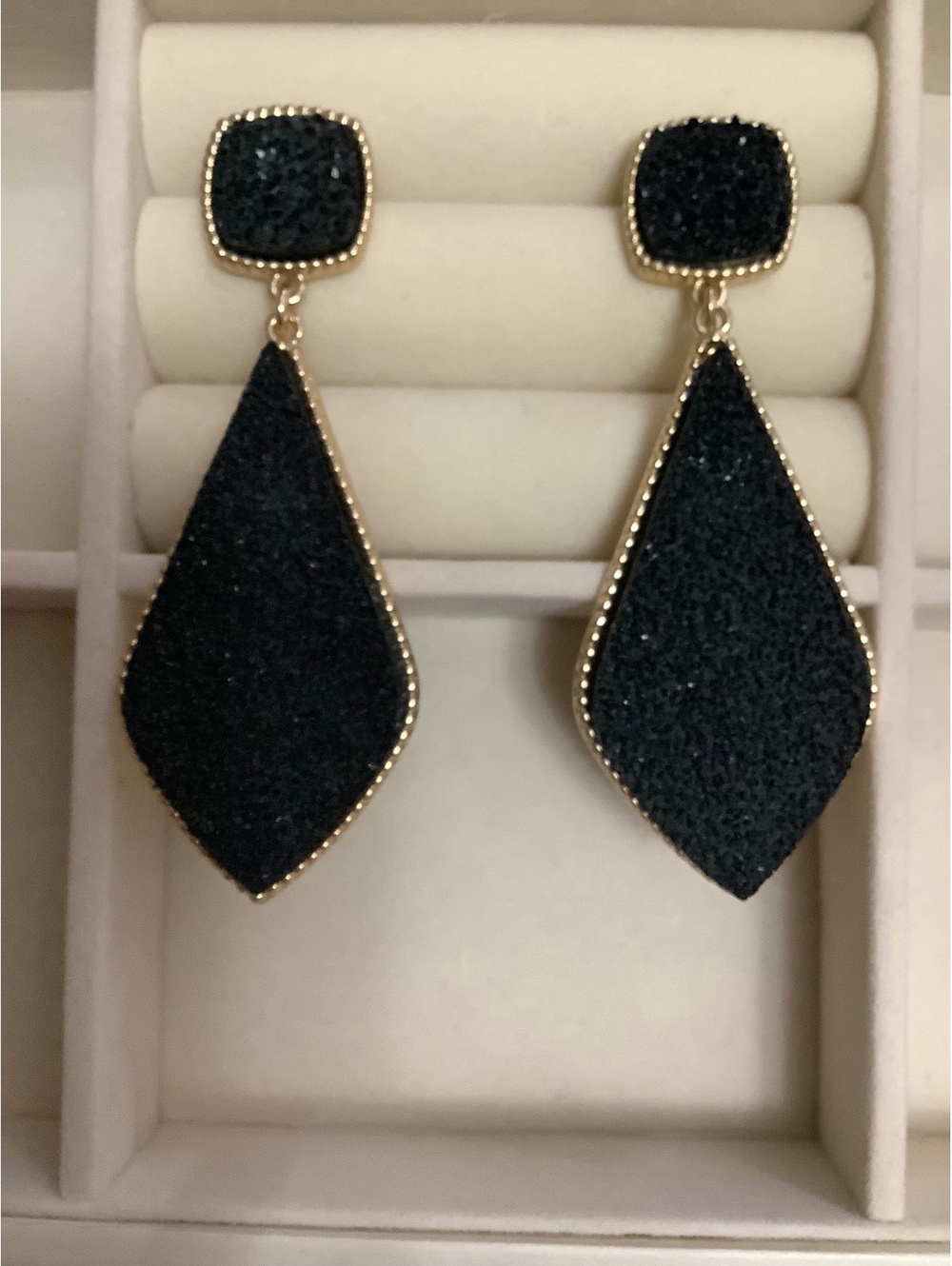 SUGARFIX by BaubleBar Black Druzy Style Geometric Drop Earrings Gold Tone